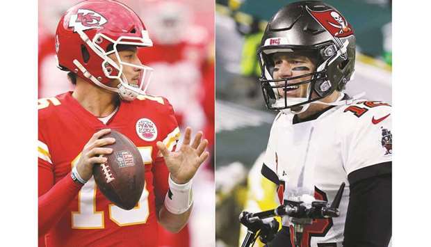 Kansas City Chiefsu2019 quarterback Patrick Mahomes (L) and Tampa Bay Buccaneersu2019 quarterback Tom Brady during their matches against Buffalo Bills and Green Bay Packers respectively.  (GETTY IMAGES/AFP)