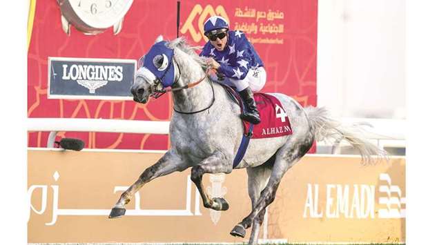 In this February 22, 2020, picture, Maxime Guyon rides His Highness Sheikh Mohamed bin Khalifa al-Thaniu2019s Ebraz to His Highness The Amir Sword (Group 1 PA) victory at Al Rayyan Park.