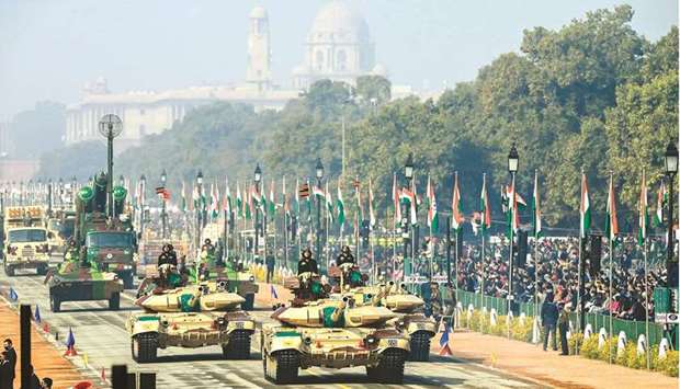 Soldiers march along Rajpath during the Republic Day parade in New Delhi yesterday.