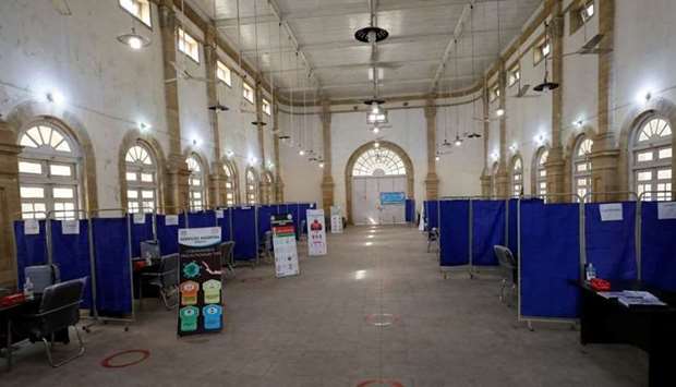 A general view of the Khaliq Dina Hall and Library building, which has been converted to be used as a vaccination centre, for administering coronavirus disease vaccine, in Karachi, Pakistan