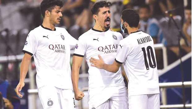 In this September 21, 2020, picture, Al Sadd players celebrate their goal during the AFC Champions League group stage match against Al Nassr.