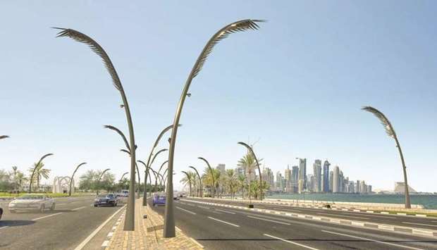 Artist\'s impression of lighting poles designed in the form of palm fronds and to be installed along Doha Corniche.