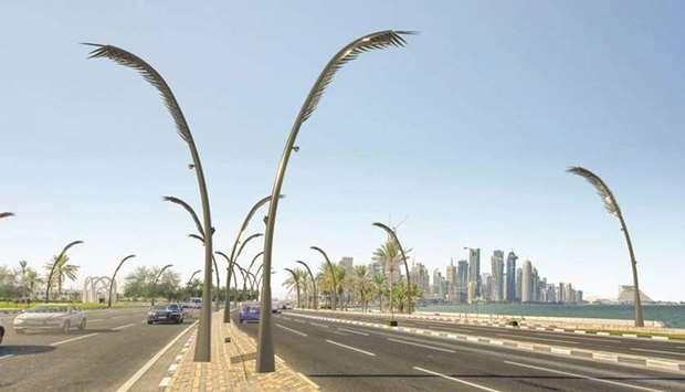 Artist\'s impression of lighting poles designed in the form of palm fronds and to be installed along Doha Corniche.