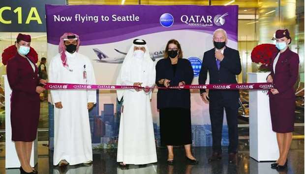 HE Qatar Airways Group chief executive Akbar al-Baker and Chargu00e9 du2019Affaires of the US embassy in Doha, ambassador Greta C Holtz join other dignitaries during the launch of Qatar Airways flights to Seattle Friday
