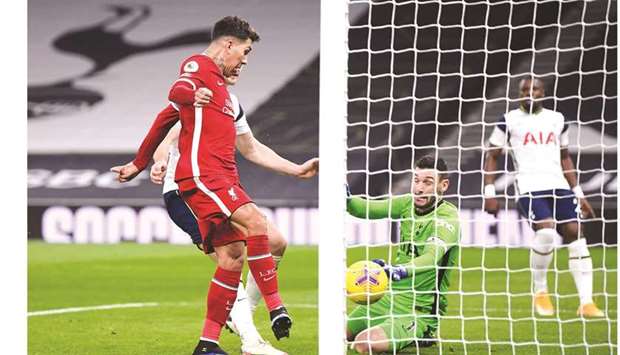 Liverpoolu2019s Roberto Firmino (left) scores the opening goal during the EPL match against Tottenham Hotspur in London, United Kingdom, on Thursday. (AFP)