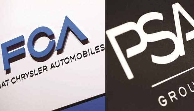 A combination of photographs shows the logos of Fiat Chrysler Automobiles and PSA Peugeot Citroen during a press conference in Ruesselsheim, Germany. Investors in both the companies approved yesterday the merger of the two to form Stellantis, the worldu2019s fourth-largest automaker.