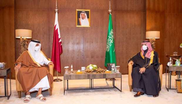 His Highness the Amir Sheikh Tamim bin Hamad Al-Thani meets Saudi Arabia's Crown Prince Mohammed bin Salman during the Gulf Cooperation Council's (GCC) 41st Summit in Al-Ula