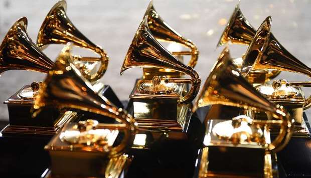  Grammy trophies sit in the press room during the 60th Annual Grammy Awards in New York.
