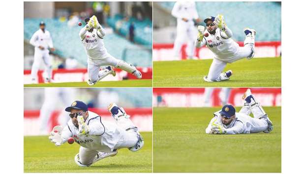 This combination of pictures shows Indiau2019s wicketkeeper Rishabh Pant dropping a catch off Australiau2019s Will Pucovski on the first day of the third Test against Australia at the Sydney Cricket Ground in Sydney yesterday. (AFP)