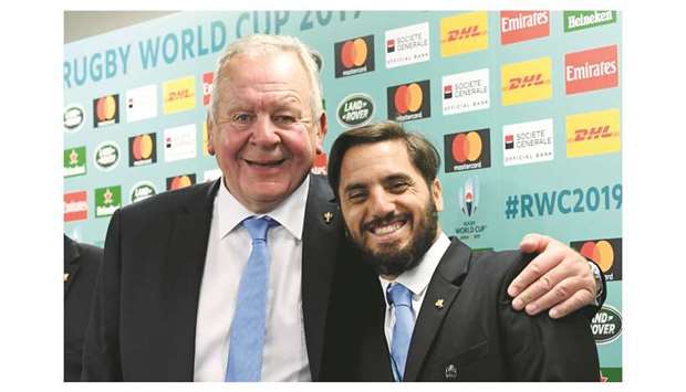 In this May 10, 2017, World Rugby chairman Bill Beaumont (left) and deputy chairman Agustin Pichot pose during a press conference in Kyoto, Japan. (AFP)