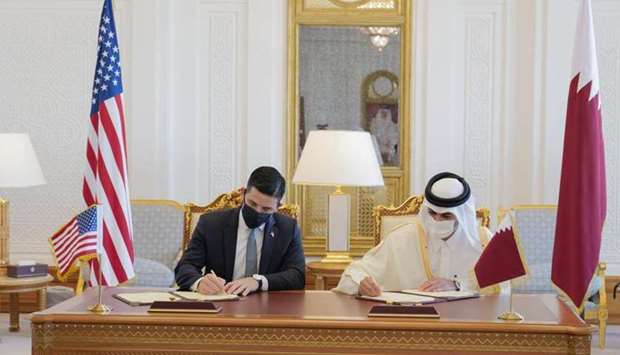 HE the Prime Minister and Minister of Interior Sheikh Khalid bin Khalifa bin Abdulaziz Al-Thani and US acting secretary for the Department of Homeland Security Chad Wolf sign a cooperation agreement between Qatar's Ministry of Interior and the US Department of Homeland Security on enhancing cooperation in the field of border security
