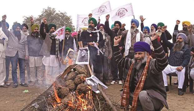 Farmers burn copies of recent agricultural reforms as they celebrate Lohri festival to demonstrate against the central government on the outskirts of Amritsar, yesterday.