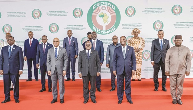 Leaders from the Economic Community of West African States (Ecowas) pose during an extraordinary summit to discuss a proposal by transitional authorities in Mali to delay  elections and a return of constitutional rule in Accra, yesterday.