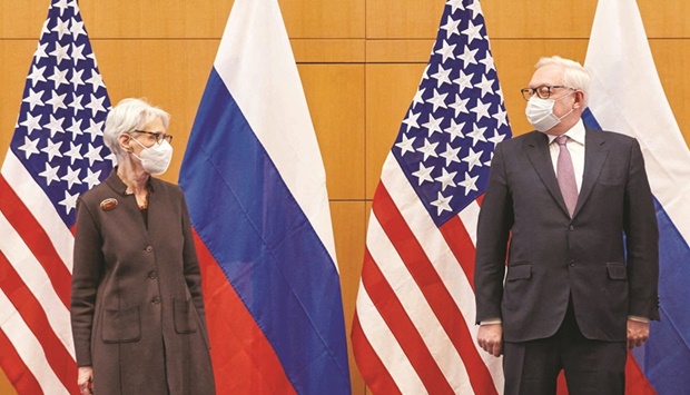 US Deputy Secretary of State Wendy Sherman (left) and Russian Deputy Foreign Minister Sergei Ryabkov attend security talks at the United States Mission in Geneva yesterday. (Reuters)