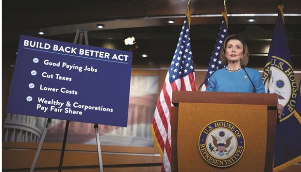 US House Speaker Nancy Pelosi speaking about the Biden administrationu2019s sweeping $1.75tn social spending package during a weekly press conference at the US Capitol last November. (Reuters)