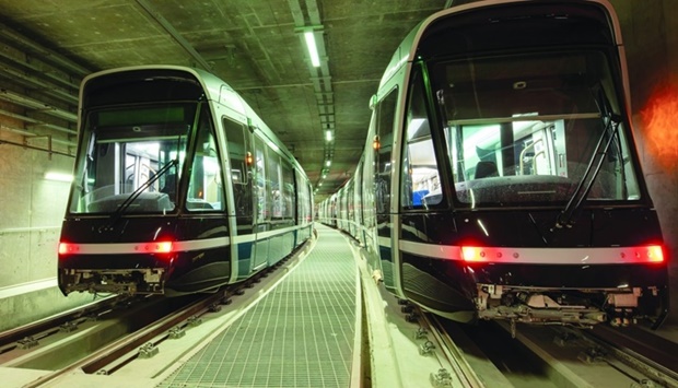 Two trains of the Lusail Tram are seen in an underground segment (supplied picture).