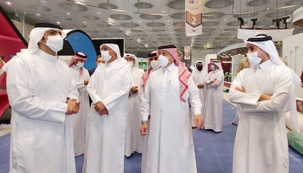 HE the Minister of Culture Sheikh Abdulrahman bin Hamad bin Jassim bin Hamad al-Thani touring the book fair venue Wednesday with the chief editors of the Qatari dailies.