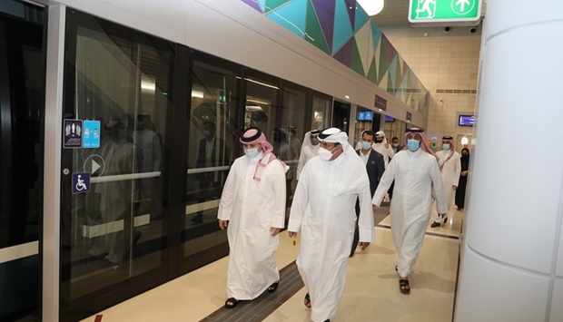 HE the Minister of Transport HE Jassim Saif Ahmed Al-Sulaiti and HE the Minister of Municipality HE Dr. Abdullah bin Abdulaziz bin Turki Al-Subaie, inspect the commencement of operations of the first phase of Lusail Tram