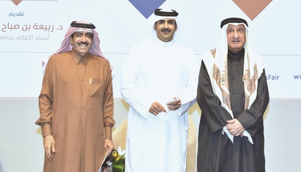HE the Minister of Culture Sheikh Abdulrahman bin Hamad al-Thani with Dr Hassan Ali Hussein al-Nama (right) and Dr Rabia al-Kuwari. PICTURE: Thajudheen.