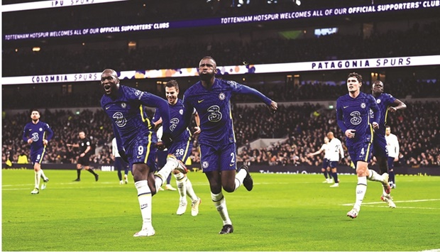 Chelseau2019s Antonio Rudiger (centre) celebrates scoring his teamu2019s first goal during the second leg of the English League Cup semi-final against Tottenham Hotspur in London on Wednesday night. (AFP)
