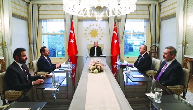 Turkish President Recep Tayyip Erdogan meets with HE the Deputy Prime Minister and Minister of Foreign Affairs Sheikh Mohamed bin Abdulrahman al-Thani