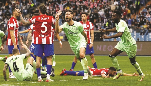 Athletic Bilbaou2019s Yeray Alvarez celebrates scoring a goal against Atletico Madrid in Riyadh, Saudi Arabia, on Thursday. (Reuters)