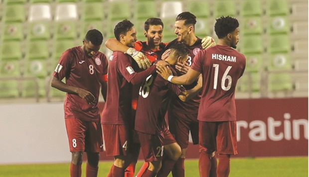 Al Markhiya players celebrate after their win over Mesaimeer SC in the preliminary match of the Amir Cup at the Hamad Bin Khalifa Stadium yesterday.