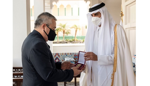 His Highness the Amir Sheikh Tamim bin Hamad Al-Thani grants Al Wajbah Decoration to the ambassador of Venezuela to the country Giuseppe Angelo Eufrida Yorio
