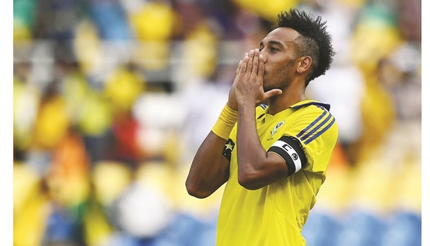 In this file photo taken on January 18, 2017, Gabonu2019s forward  Pierre-Emerick Aubameyang reacts during the 2017 Africa Cup of  Nations match against Burkina Faso at the Stade de lu2019Amitie  Sino-Gabonaise in Libreville. (AFP)