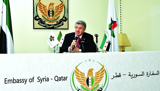 Salem al-Meslet addressing a press conference at the Syrian embassy in Doha. PICTURE: Thajudheen.