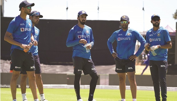 India skipper KL Rahul (centre) with teammates during a training session yesterday. (BCCI)