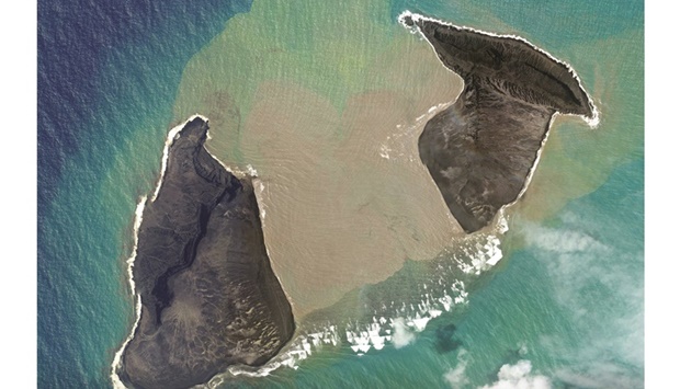 A handout photo taken on January 15, 2022 and made available by 2022 Planet Labs PBC shows the pre-eruption on the Hunga Tonga-Hunga Hau2019apai volcano.