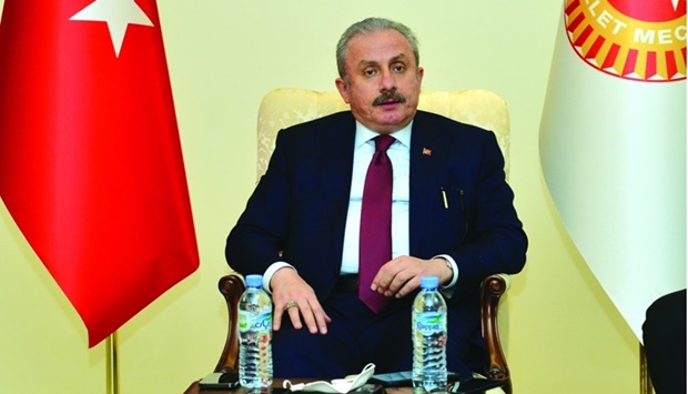 Speaker of the Turkish Grand National Assembly Mustafa Sentop addressing a press conference in Doha Wednesday. PICTURE: Shaji Kayamkulam.