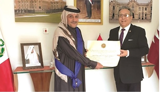 The honour is in recognition of al-Sulaiti's role in contributing to enhancing bilateral relations between Qatar and Peru, tightening friendship and co-operation between the two countries, it was explained.