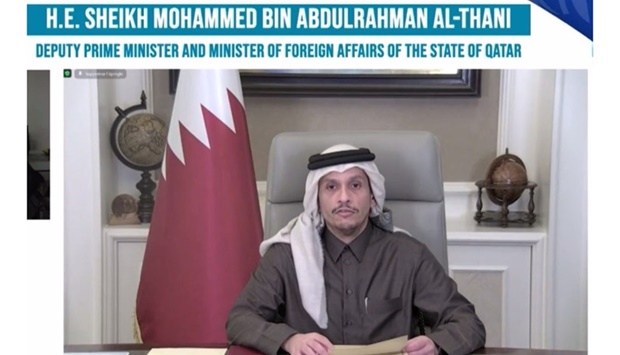 HE the Deputy Prime Minister and Minister of Foreign Affairs Sheikh Mohamed bin Abdulrahman al -Thani addressing the virtual summit.