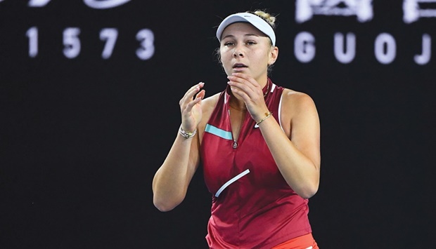 Amanda Anisimova of the US reacts after her upset win over Japanu2019s Naomi Osaka at the  Australian Open in Melbourne yesterday. (AFP)