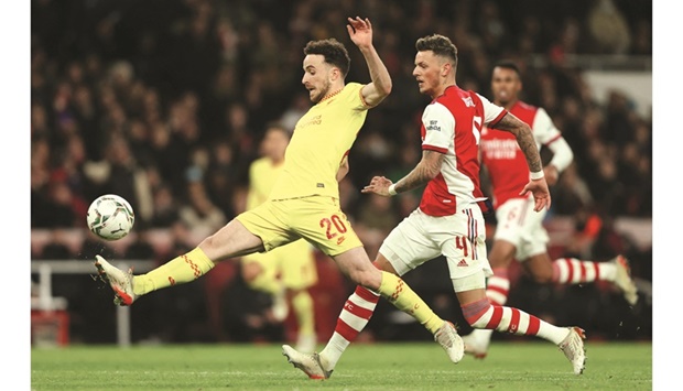 Liverpoolu2019s Diogo Jota scores his teamu2019s second goal against Arsenal at the Emirates Stadium in London on Wednesday. (Reuters)