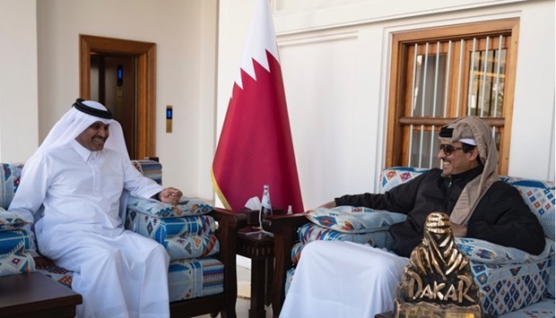 His Highness the Amir Sheikh Tamim bin Hamad Al-Thani meets with Nasser Al Attiyah who was crowned the champion of the Dakar Rally for the fourth time.