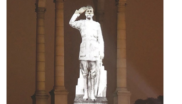 This handout photograph taken yesterday and released by the Indian Press Information Bureau (PIB) shows a hologram of the statue of Indian nationalist leader Subhas Chandra Bose that was unveiled by Prime Minister Narendra Modi.