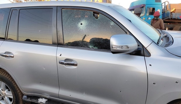 Bullet holes are seen in a car that belong to presidency following heavy gunfire near the president Roch Kabore residence in Ouagadougou, Burkina Faso. REUTERS