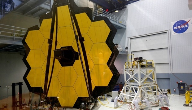The James Webb Space Telescope Mirror is seen during a media unveiling at NASAu2019s Goddard Space Flight Center at Greenbelt, Maryland November 2, 2016. REUTERS