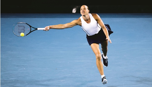 Estoniau2019s Kaia Kanepi stretches for a forehand during her fourth round match against Belarusu2019 Aryna Sabalenka at the Australian Open in Melbourne yesterday. (Reuters)