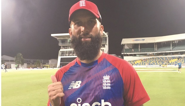 All-rounder Moeen Ali celebrates after England beat the West Indies by one run in the second T20I.