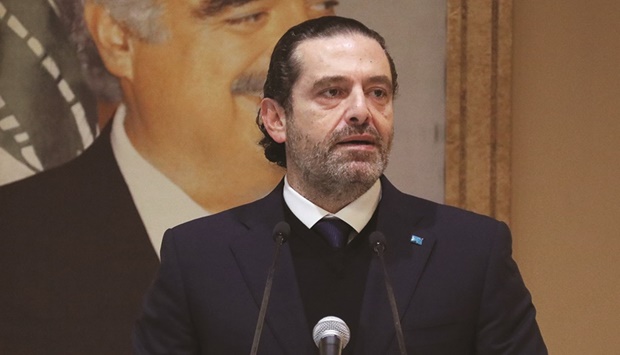 Lebanonu2019s leading politician and former prime minister Saad al-Hariri delivers a speech in Beirut, yesterday.
