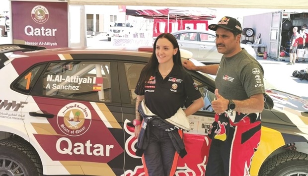 Qataru2019s Nasser al-Attiyah and his Spanish co-driver Alba Sanchez Gonzalez at the Oman Rally on Thursday.