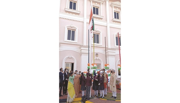 Head boys and head girls of Birla Public School, along with the senior leadership team, unfurling the Indian flag.