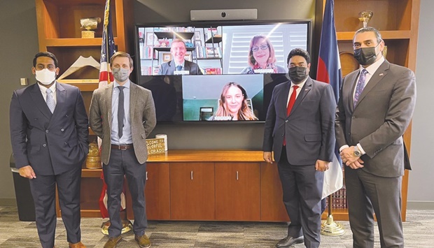 USQBC managing director Mohamed Barakat and Qataru2019s commercial attachu00e9 to the US Fahad al-Dosari virtually meet with Lieutenant Governor of Colorado Dianne Primavera (upper right of TV screen) during a recently-held business visit (left) and USQBC managing director Mohamed Barakat and Qataru2019s commercial attachu00e9 to the US Fahad al-Dosari join Denver Mayor Michael Hancock.