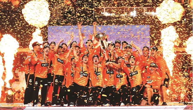 Perth Scorchersu2019 players celebrate after winning the Big Bash League title for the fourth time in Melbourne yesterday. Perth Scorchers beat Sydney Sixers in the final. (ScorchersBBL)