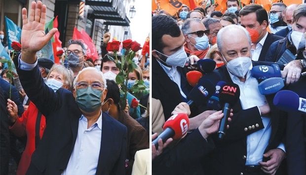 Socialist Party (PS) Secretary-General and Portugalu2019s Prime Minister Antonio Costa gestures during a campaign rally for the snap elections in Lisbon yesterday. Right: Social Democratic Party (PSD) leader Rui Rio speaks to the news media during a rally on the final day of campaigning in the capital. (Reuters)
