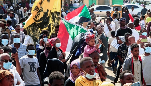Sudanese demonstrators rally in Al-Daim neighbourhood in the capital Khartoum yesterday amid calls for pro-democracy rallies in u201cmemory of the martyrsu201d killed in recent protests.